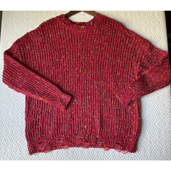 Main Strip Distressed Mini Pom Pom Confetti Sweater Red Multi Size LARGE Womens - Picture 2 of 9